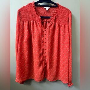 Time and Tru Dark Orange/Red Patterned Sheer Blouse Sz XL(16-18)